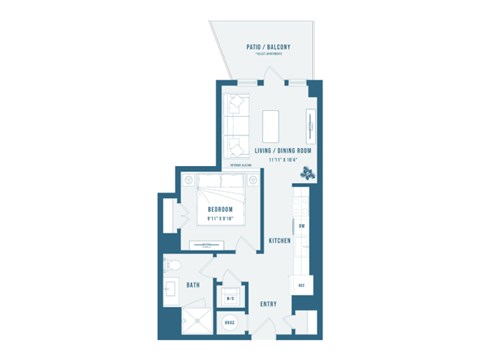Floor plan for 1 bed, 1 bath, 571 sqft